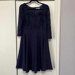 Belle Poque Navy Blue Lace Button Front Fit Flare Dress Women‎ Size L